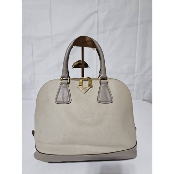 Pre owned Prada Pomenade Saffiano mediumTwo Tone Leather Dome Satchel Taupe - Picture 1 of 16